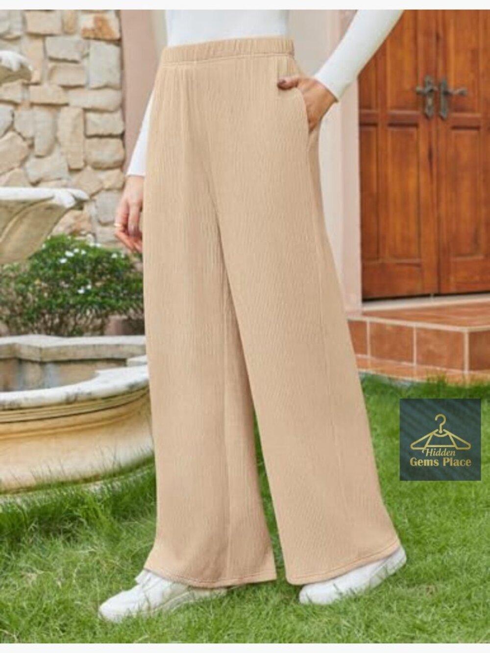 Wide Leg Palazzo Pants High Waisted Elastic Pleated Casual Trousers with Pockets - Picture 4 of 7
